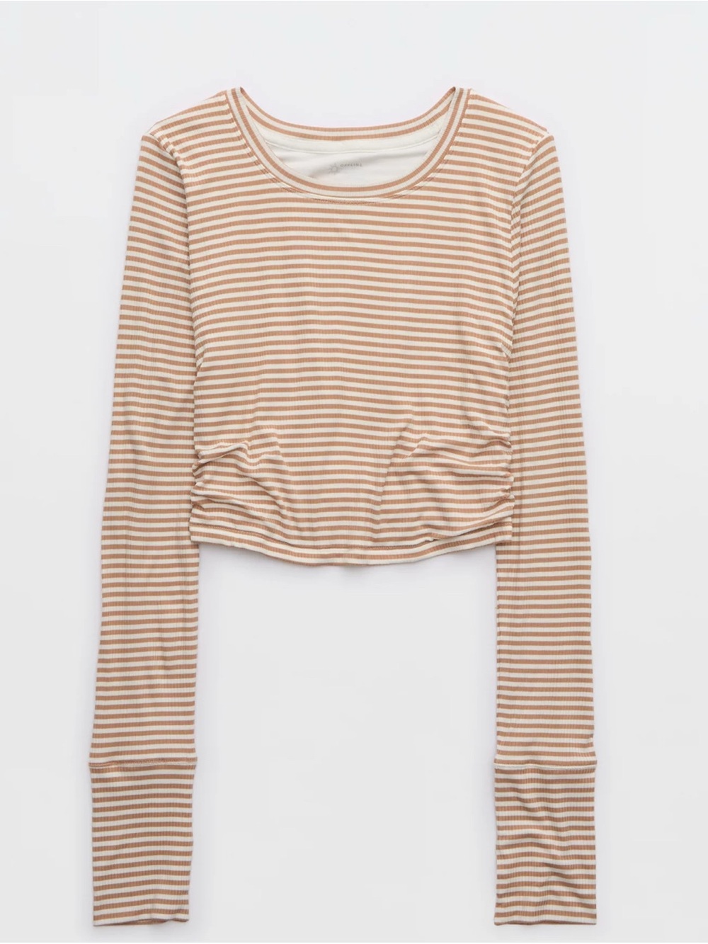 Aerie’s OFFLINE Striped Ribbed LS Cropped Tee in White and Dusty Rose Size L NWT